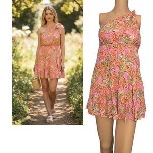 Sky to Moon Orange Pink Sage Twist Floral One Shoulder Mini Dress Size Small NWO